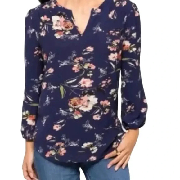 Fun2Fun Kenmore Split Neck un Navy Floral Long Sleeve Rayon Blouse Women's Sz S - Picture 1 of 8